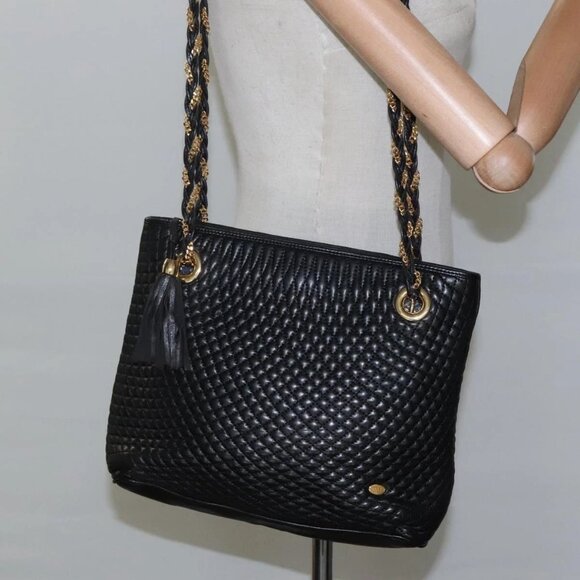 BALLY Quilted Chain Shoulder Bag Leather Black Gold Auth - Picture 1 of 16